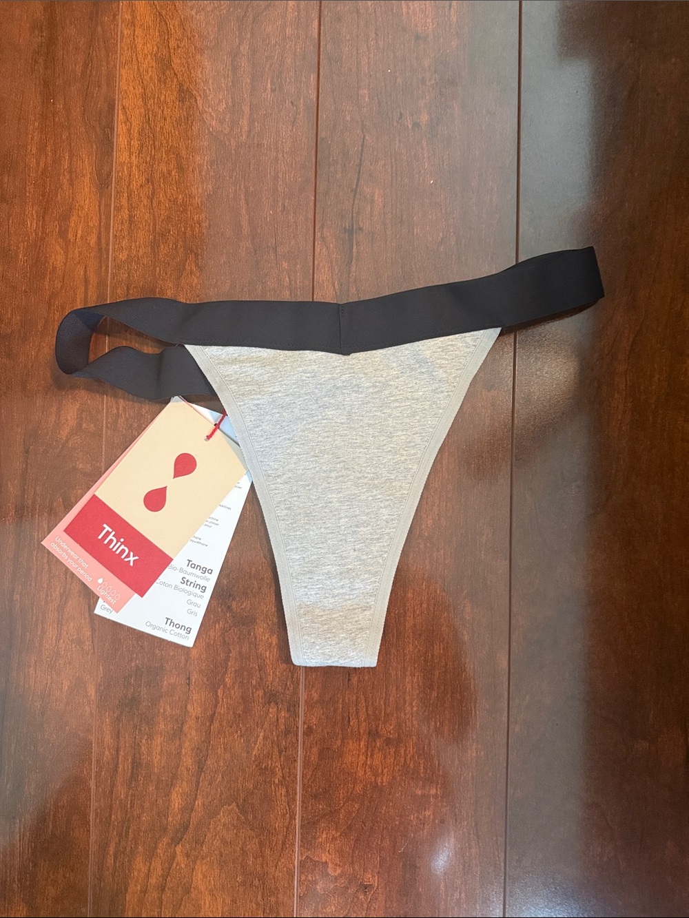 Thinx Grey Thong with Black Elastic Waistband